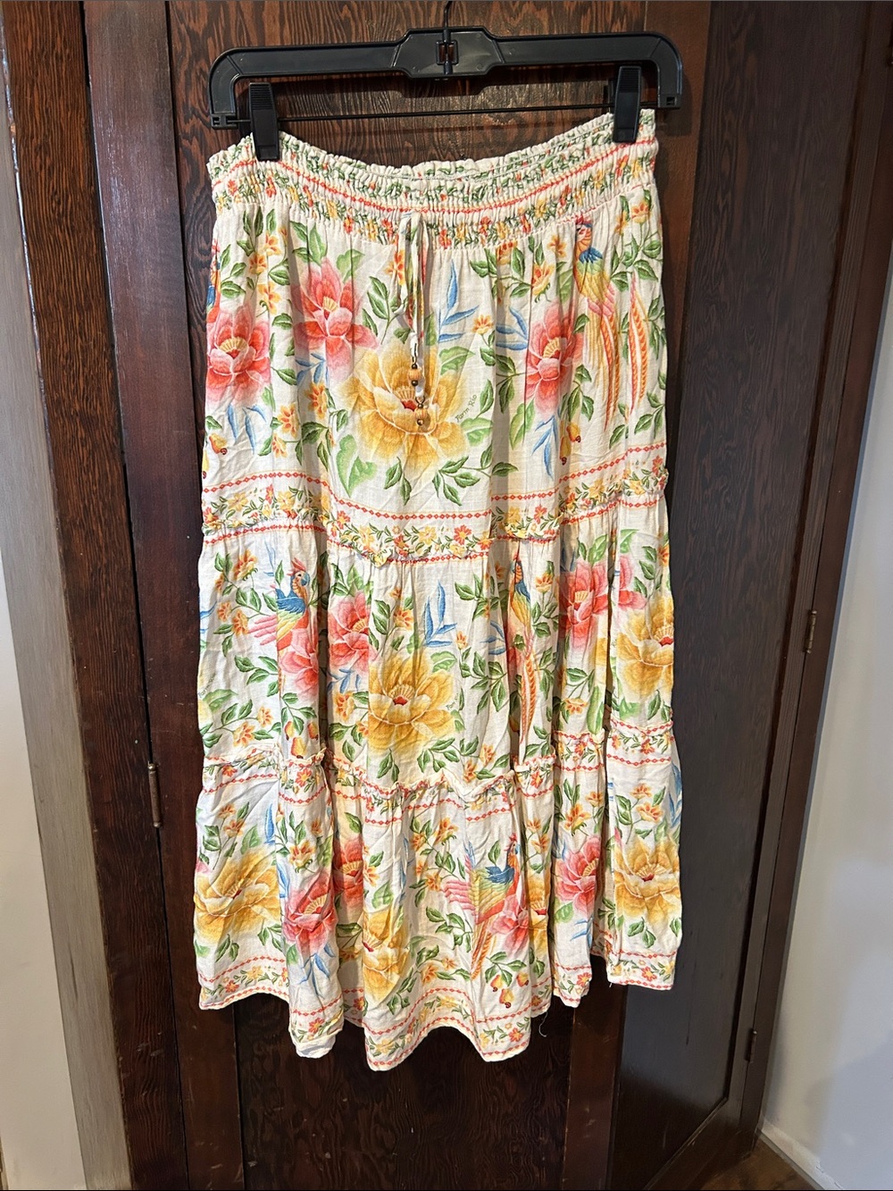 Farm Rio Tiered Off White Floral Midi Skirt